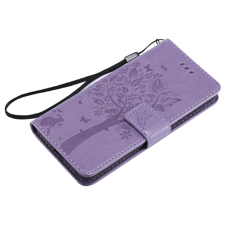 Imprint Cat and Tree Wallet Stand PU Leather Case for Sony Xperia XZ4 Compact - Light Purple-5