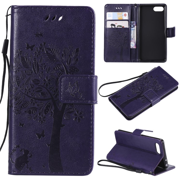 Imprint Cat and Tree Wallet Stand PU Leather Case for Sony Xperia XZ4 Compact - Dark Purple-1