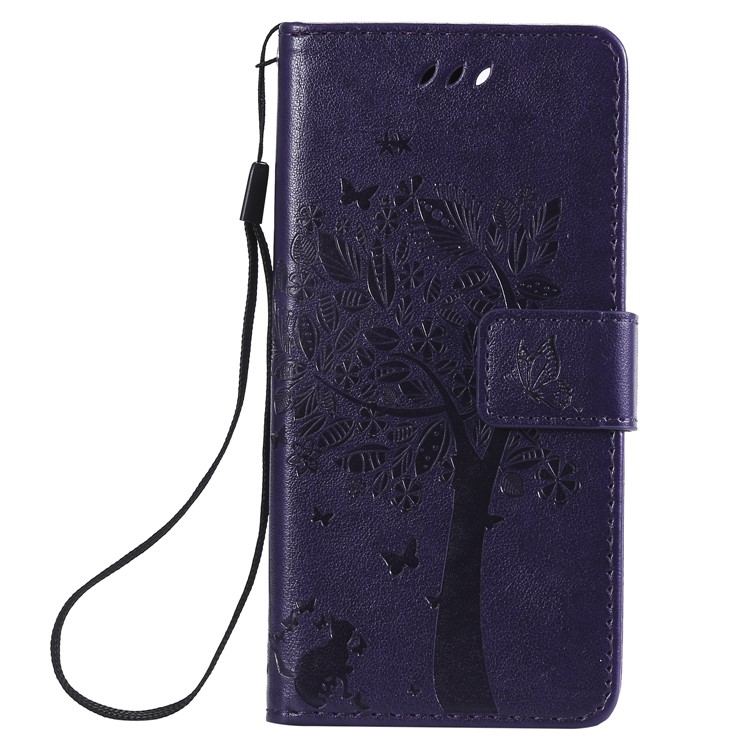 Imprint Cat and Tree Wallet Stand PU Leather Case for Sony Xperia XZ4 Compact - Dark Purple-2