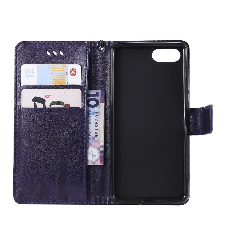 Imprint Cat and Tree Wallet Stand PU Leather Case for Sony Xperia XZ4 Compact - Dark Purple-4