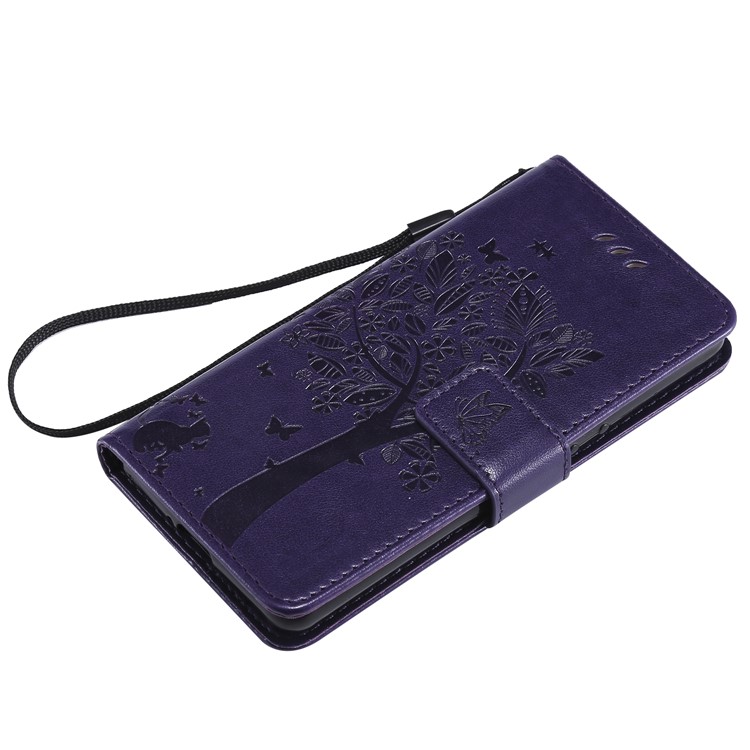 Imprint Cat and Tree Wallet Stand PU Leather Case for Sony Xperia XZ4 Compact - Dark Purple-5