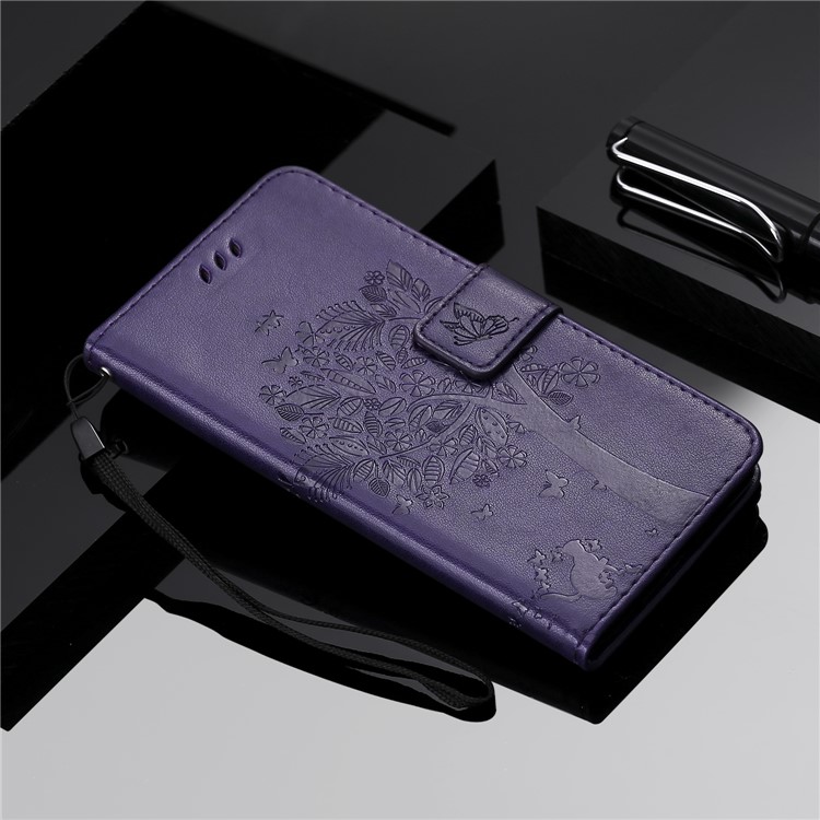 Imprint Cat and Tree Wallet Stand PU Leather Case for Sony Xperia XZ4 Compact - Dark Purple-8