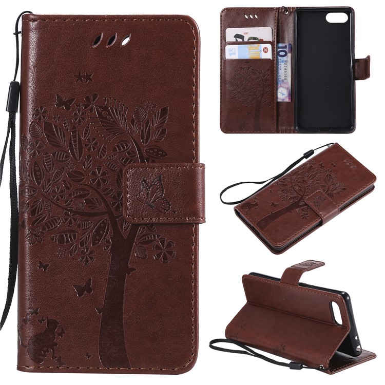 Imprint Cat and Tree Wallet Stand PU Leather Case for Sony Xperia XZ4 Compact - Brown-1