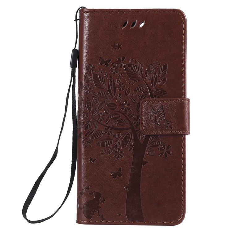 Imprint Cat and Tree Wallet Stand PU Leather Case for Sony Xperia XZ4 Compact - Brown-2