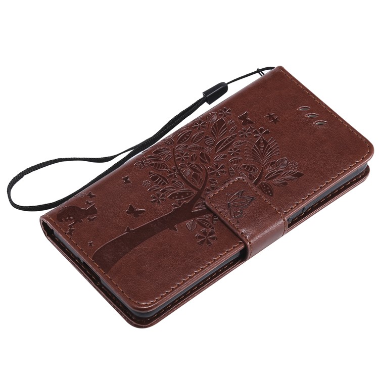 Imprint Cat and Tree Wallet Stand PU Leather Case for Sony Xperia XZ4 Compact - Brown-5