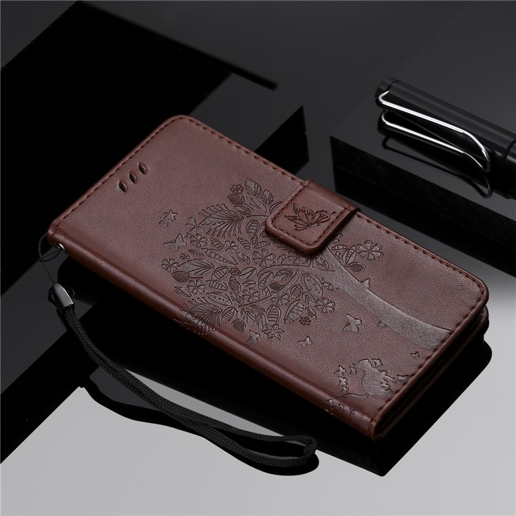 Imprint Cat and Tree Wallet Stand PU Leather Case for Sony Xperia XZ4 Compact - Brown-8