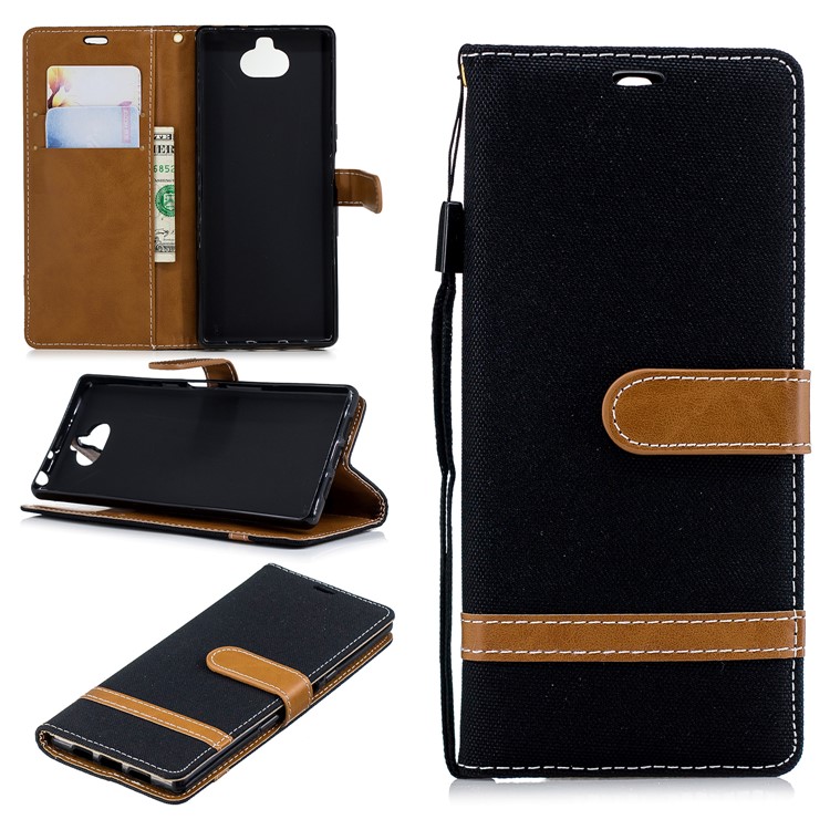 For Sony Xperia 10 Assorted Color Jeans Cloth Wallet Stand Leather Mobile Case - Black-1