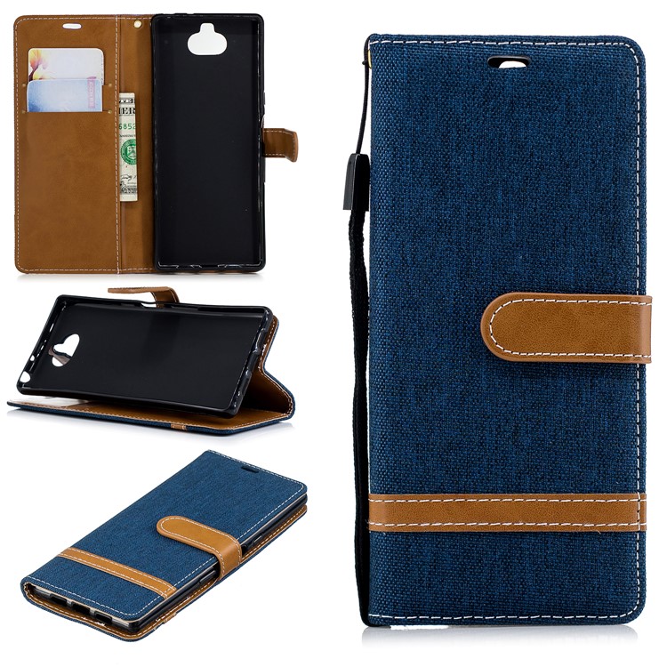 For Sony Xperia 10 Assorted Color Jeans Cloth Wallet Stand Leather Mobile Case - Dark Blue-1