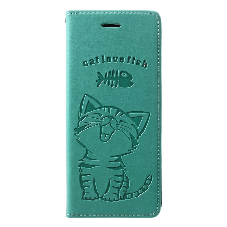 Imprint Cat and Fishbone Pattern Leather Wallet Case for Sony Xperia 1 - Cyan-1