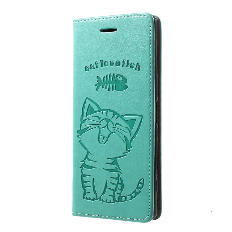 Imprint Cat and Fishbone Pattern Leather Wallet Case for Sony Xperia 1 - Cyan-2