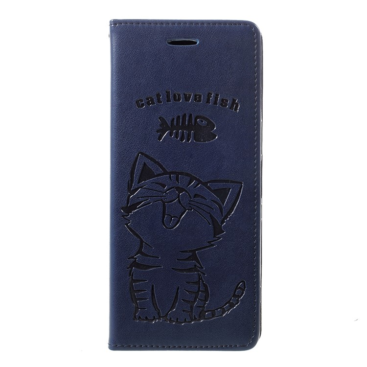 Imprint Cat and Fishbone Pattern Leather Wallet Case for Sony Xperia 1 - Dark Blue-1