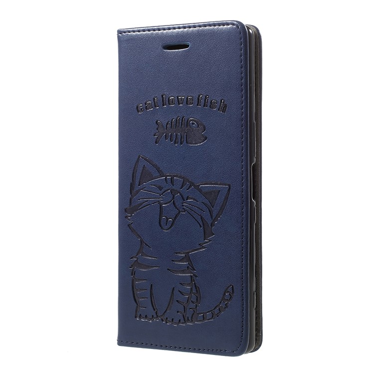 Imprint Cat and Fishbone Pattern Leather Wallet Case for Sony Xperia 1 - Dark Blue-2