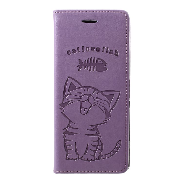 Imprint Cat and Fishbone Pattern Leather Wallet Case for Sony Xperia 1 - Light Purple-1