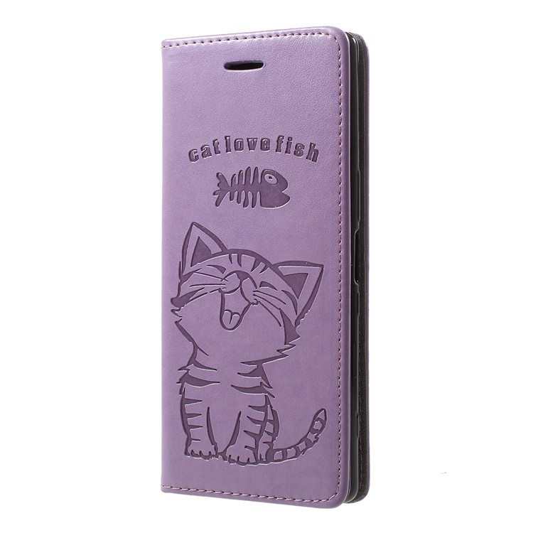 Imprint Cat and Fishbone Pattern Leather Wallet Case for Sony Xperia 1 - Light Purple-2