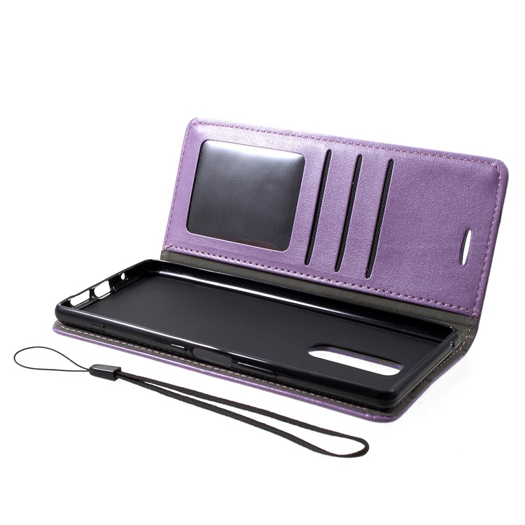 Imprint Cat and Fishbone Pattern Leather Wallet Case for Sony Xperia 1 - Light Purple-5