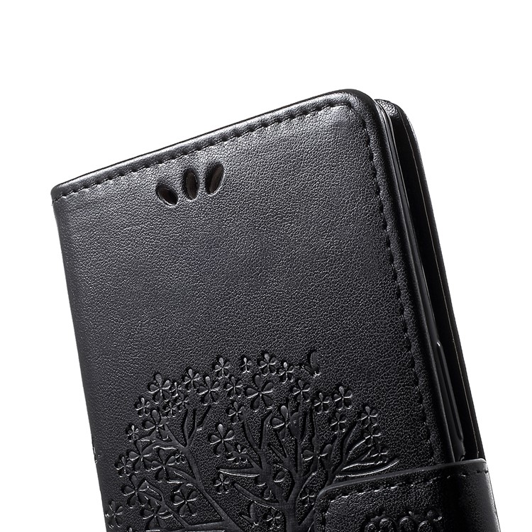 Imprint Tree Owl Leather Wallet Stand Case for Sony Xperia 1 - Black-6