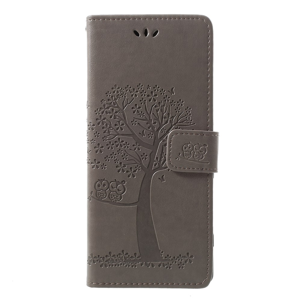 Imprint Tree Owl Leather Wallet Stand Case for Sony Xperia 1 - Grey-1