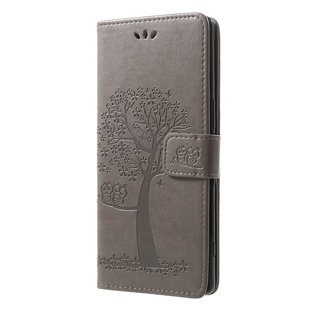 Imprint Tree Owl Leather Wallet Stand Case for Sony Xperia 1 - Grey-2