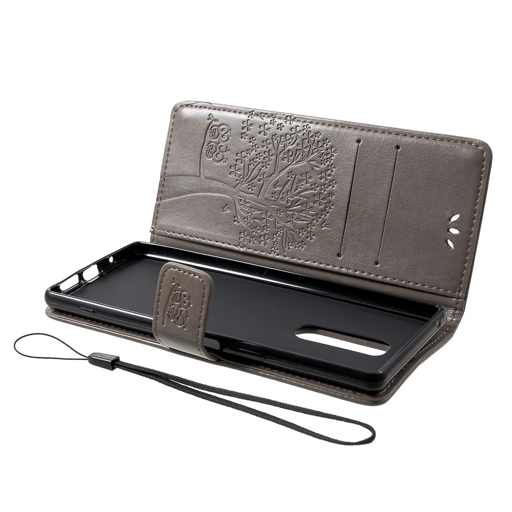 Imprint Tree Owl Leather Wallet Stand Case for Sony Xperia 1 - Grey-5
