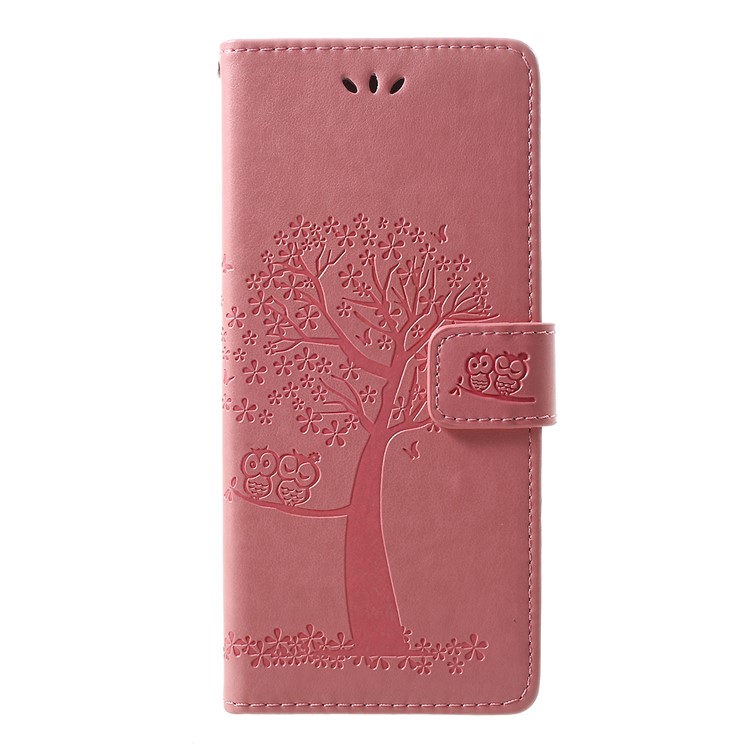 Imprint Tree Owl Leather Wallet Stand Case for Sony Xperia 1 - Pink-1