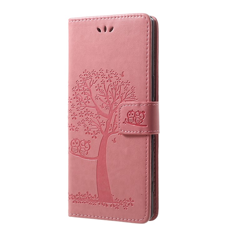 Imprint Tree Owl Leather Wallet Stand Case for Sony Xperia 1 - Pink-2