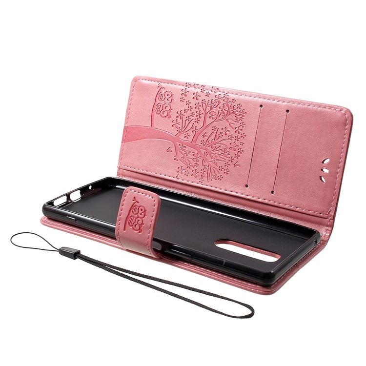 Imprint Tree Owl Leather Wallet Stand Case for Sony Xperia 1 - Pink-5