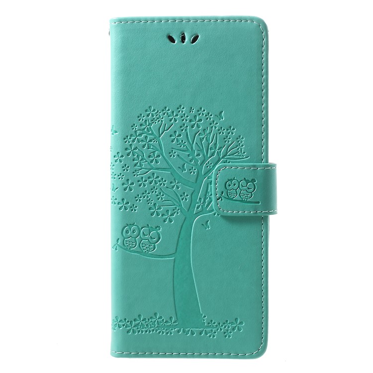 Imprint Tree Owl Leather Wallet Stand Case for Sony Xperia 1 - Green-1