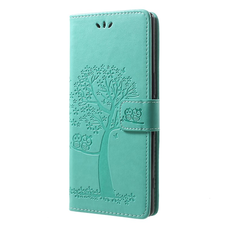 Imprint Tree Owl Leather Wallet Stand Case for Sony Xperia 1 - Green-2