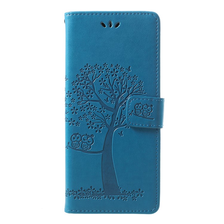 Imprint Tree Owl Leather Wallet Stand Case for Sony Xperia 1 - Blue-1