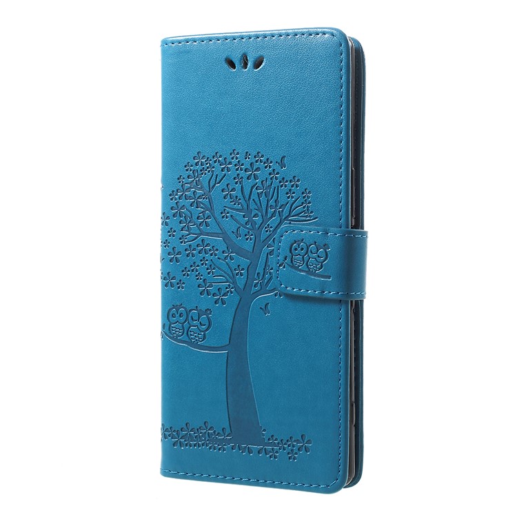 Imprint Tree Owl Leather Wallet Stand Case for Sony Xperia 1 - Blue-2