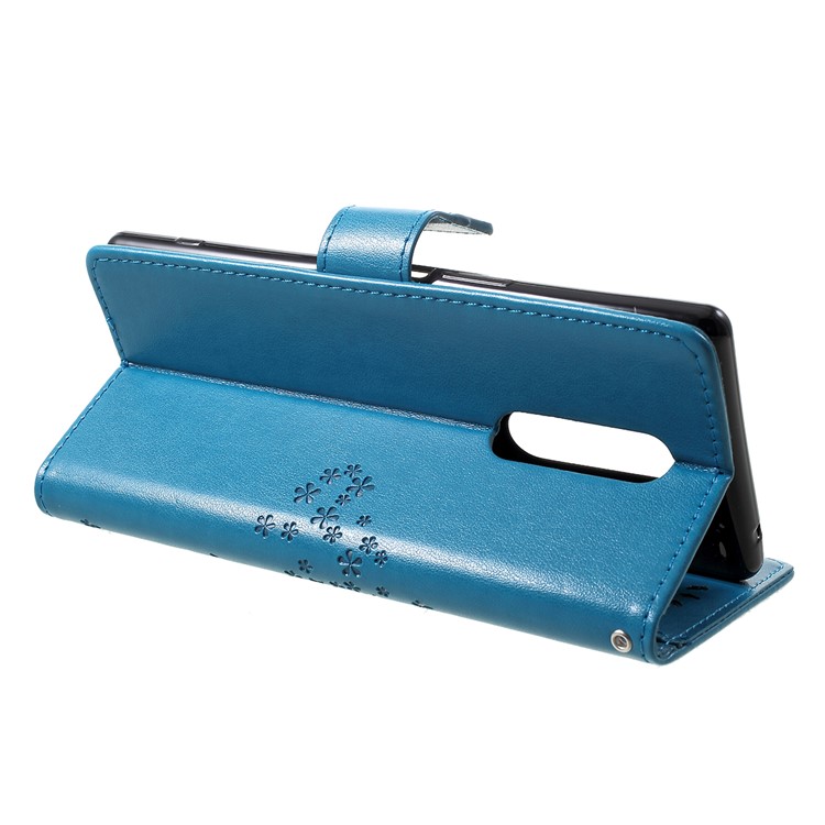 Imprint Tree Owl Leather Wallet Stand Case for Sony Xperia 1 - Blue-4