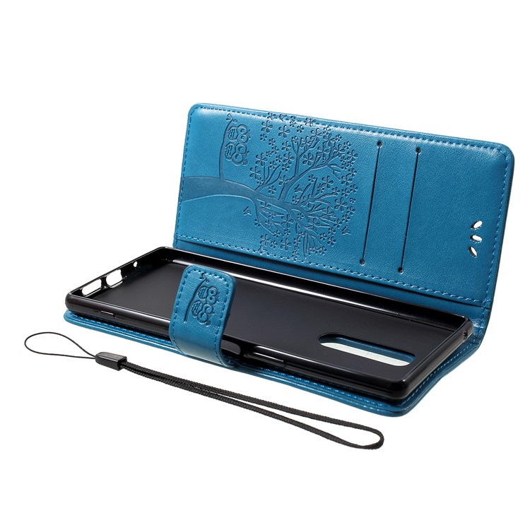 Imprint Tree Owl Leather Wallet Stand Case for Sony Xperia 1 - Blue-5