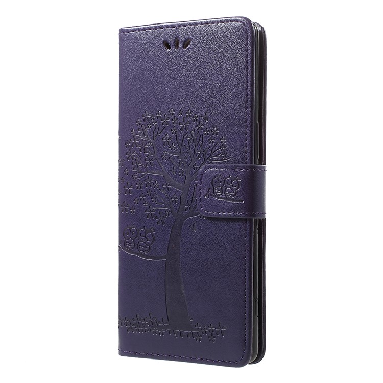 Imprint Tree Owl Leather Wallet Stand Case for Sony Xperia 1 - Dark Purple-2