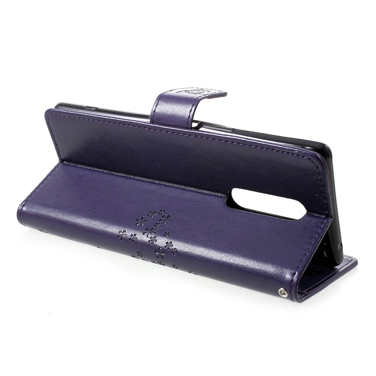 Imprint Tree Owl Leather Wallet Stand Case for Sony Xperia 1 - Dark Purple-4