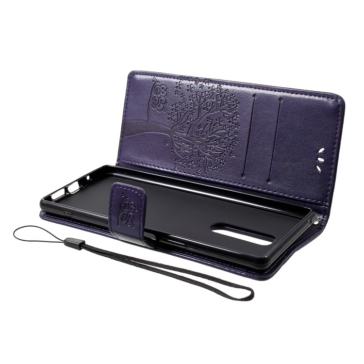 Imprint Tree Owl Leather Wallet Stand Case for Sony Xperia 1 - Dark Purple-5