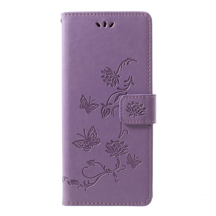 Imprint Butterfly Flower Owl Leather Wallet Case for Sony Xperia 1 - Light Purple-1
