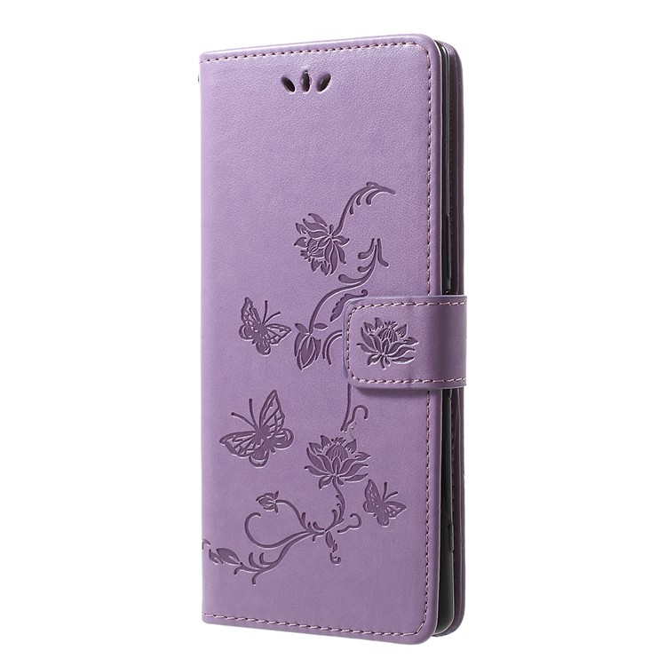 Imprint Butterfly Flower Owl Leather Wallet Case for Sony Xperia 1 - Light Purple-2