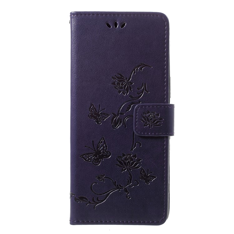 Imprint Butterfly Flower Owl Leather Wallet Case for Sony Xperia 1 - Dark Purple-1