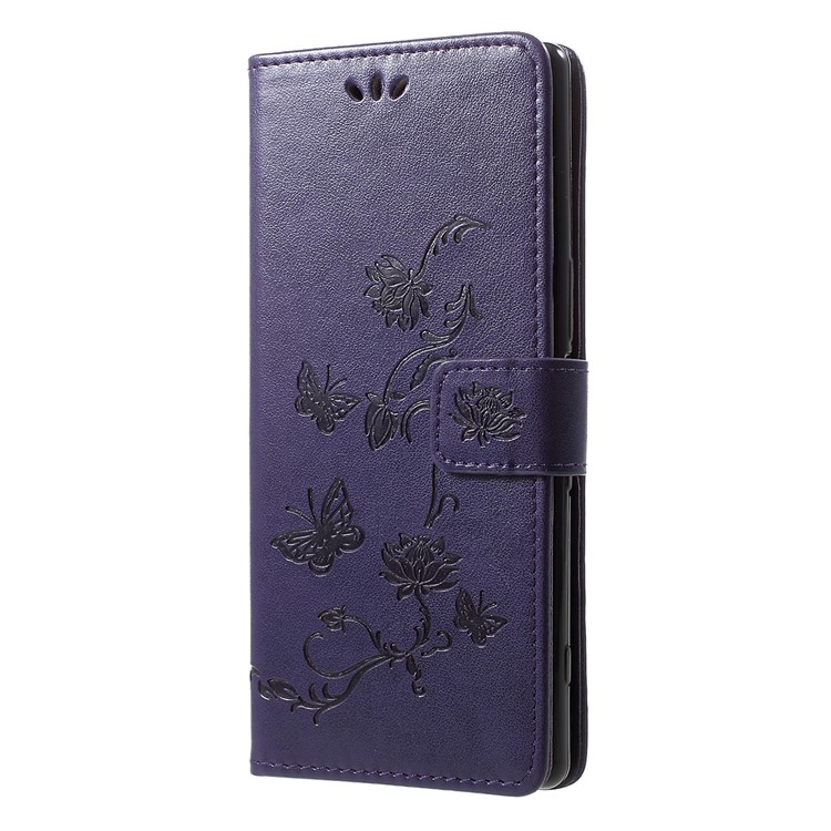 Imprint Butterfly Flower Owl Leather Wallet Case for Sony Xperia 1 - Dark Purple-2