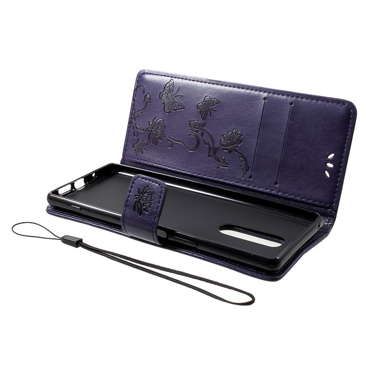 Imprint Butterfly Flower Owl Leather Wallet Case for Sony Xperia 1 - Dark Purple-5