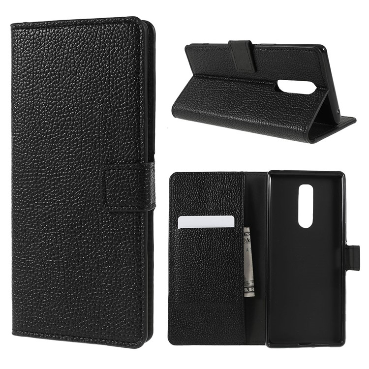 Litchi Grain PU Leather Protection Mobile Phone Shell with Stand Wallet for Sony Xperia 1 - Black-1