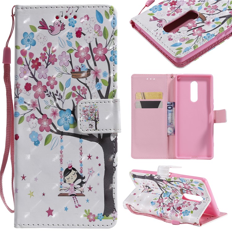 Light Spot Decor Patterned Leather Wallet Case for Sony Xperia 1 - Flowered Tree-1