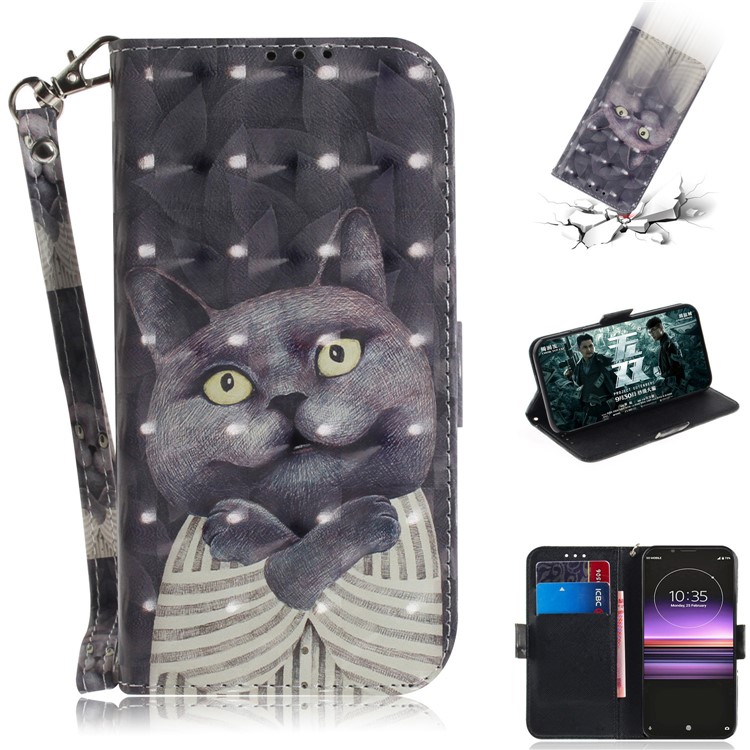 Light Spot Decor Pattern Printing PU Leather Stand Wallet Cover for Sony Xperia 1 - Grey Cat-1