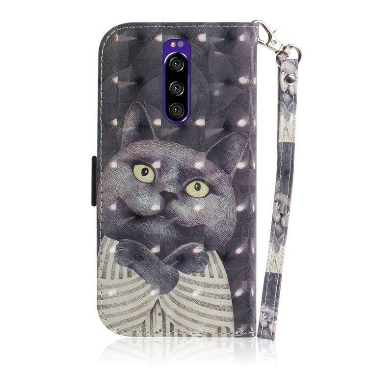 Light Spot Decor Pattern Printing PU Leather Stand Wallet Cover for Sony Xperia 1 - Grey Cat-3