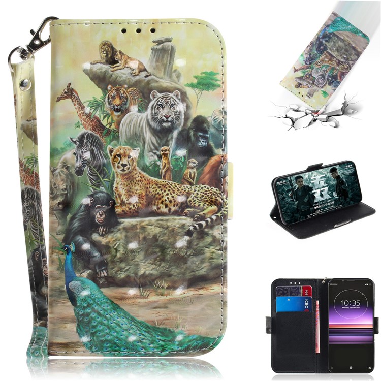 Light Spot Decor Pattern Printing PU Leather Stand Wallet Cover for Sony Xperia 1 - Animals Getting Together-1