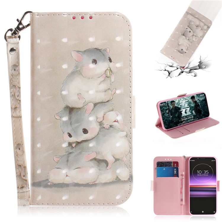 Light Spot Decor Pattern Printing PU Leather Stand Wallet Cover for Sony Xperia 1 - Hamsters-1