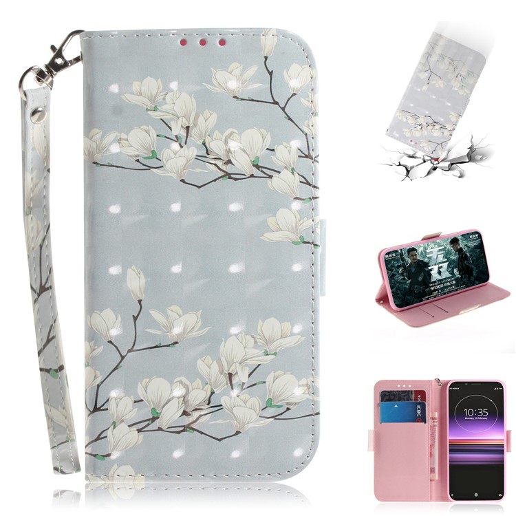 Light Spot Decor Pattern Printing PU Leather Stand Wallet Cover for Sony Xperia 1 - White Flower-1