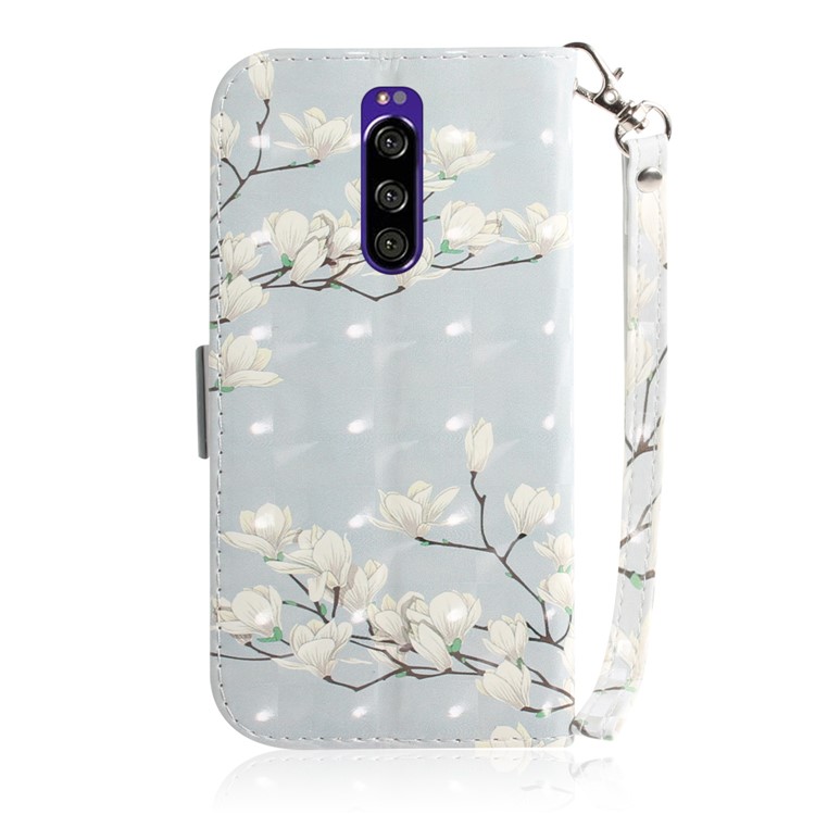 Light Spot Decor Pattern Printing PU Leather Stand Wallet Cover for Sony Xperia 1 - White Flower-3