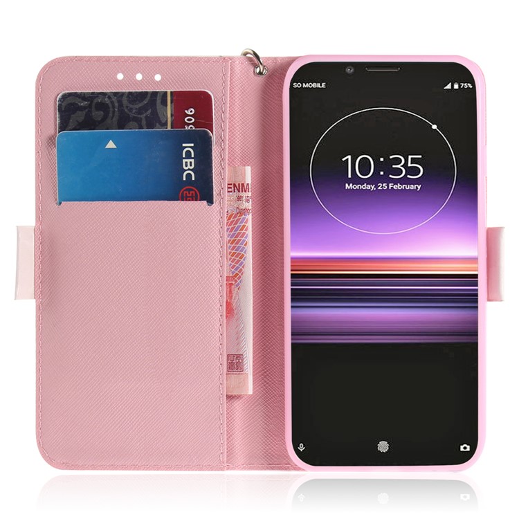 Light Spot Decor Pattern Printing PU Leather Stand Wallet Cover for Sony Xperia 1 - White Flower-7