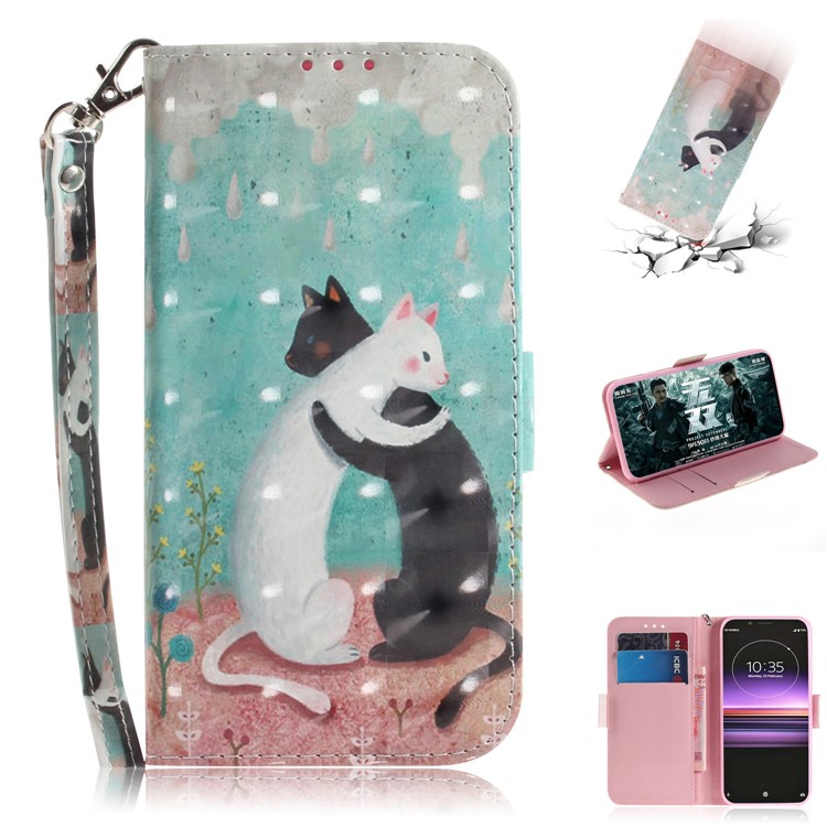 Light Spot Decor Pattern Printing PU Leather Stand Wallet Cover for Sony Xperia 1 - Hugging Cats-1